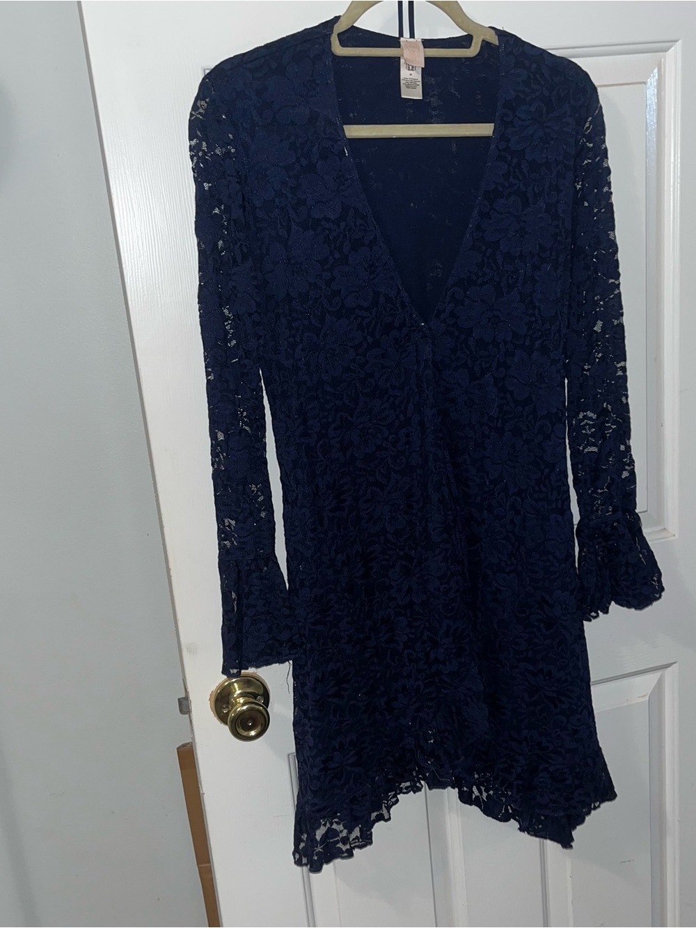 Navy Lace V-Neck Mini Dress with Long bell Sleeves